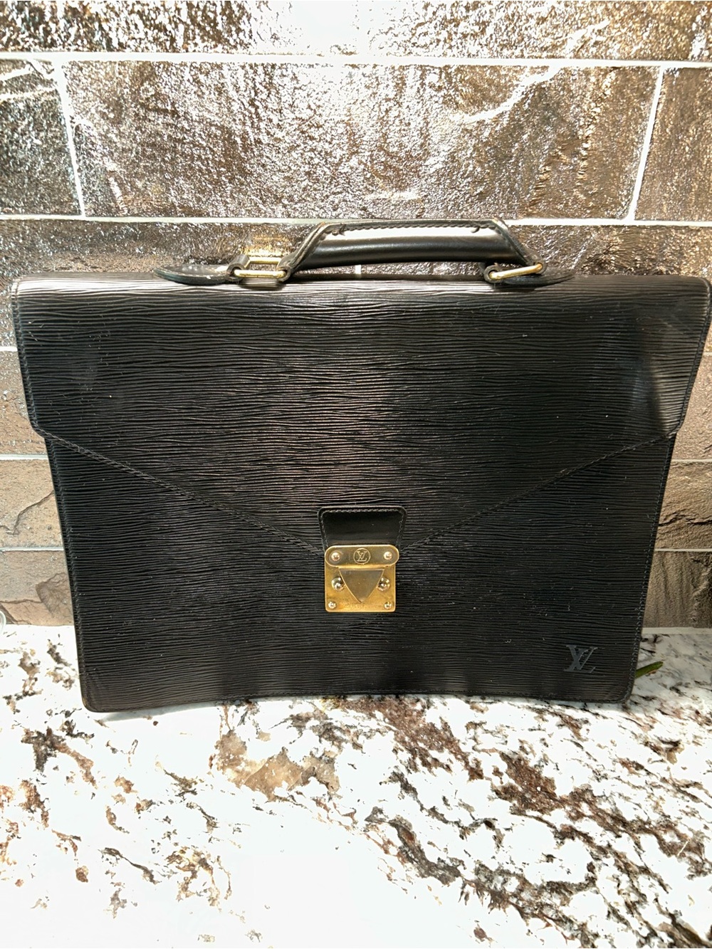 Louis Vuitton Black Epi Leather Briefcase with Gold-Tone Hardware